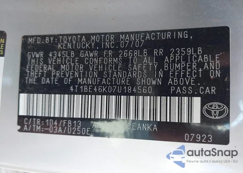 2007 Toyota Camry Le из США, поврежденный, VIN 4T1BE46K07U184560